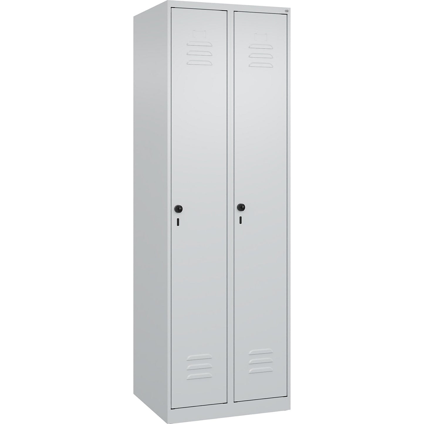 Classic PLUS clean and dirty clothes locker, narrow, 2 compartments, shortened centre divider, light grey, W 600 mm, with floor glides, rotary bolt, centre partition.
