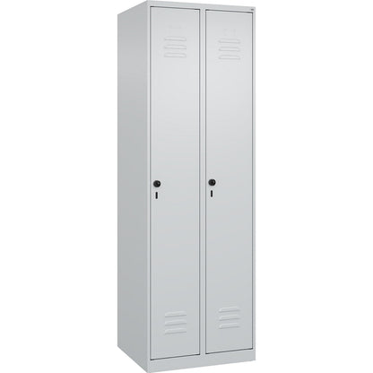 Classic PLUS clean and dirty clothes locker, narrow, 2 compartments, shortened centre divider, light grey, W 600 mm, with floor glides, rotary bolt, centre partition.