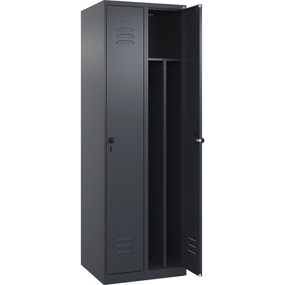 Classic PLUS clean and dirty clothes locker, narrow, 2 compartments, shortened centre divider, grey, W 600 mm, with floor glides, rotary bolt, centre partition.