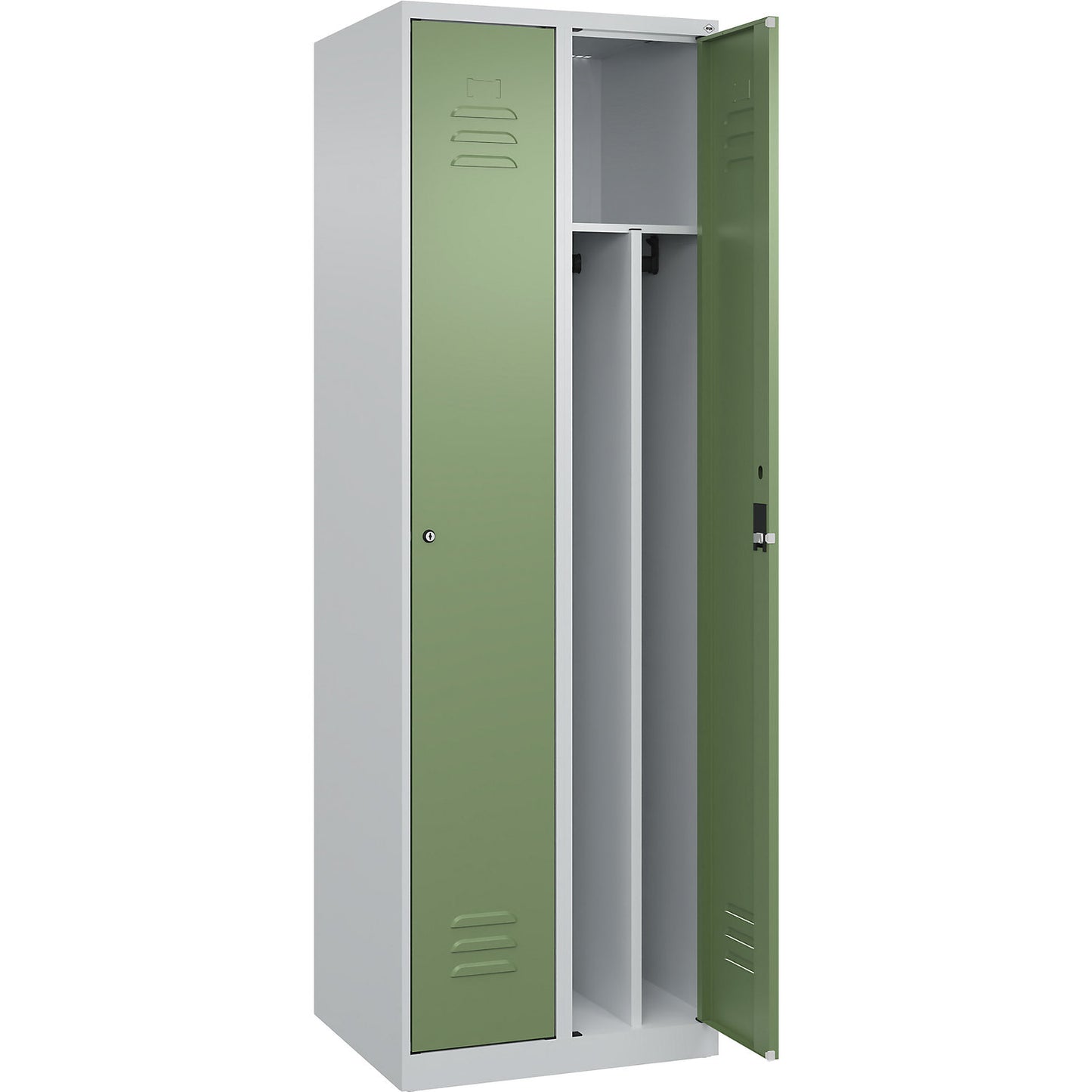 Classic PLUS clean and dirty clothes locker, narrow, 2 compartments, shortened centre divider, light grey/reseda green, W 600 mm, with floor glides, cylinder lock, centre partition.