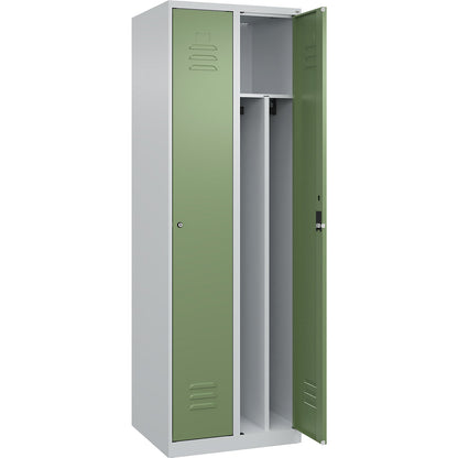 Classic PLUS clean and dirty clothes locker, narrow, 2 compartments, shortened centre divider, light grey/reseda green, W 600 mm, with floor glides, cylinder lock, centre partition.