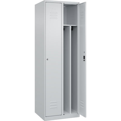 Classic PLUS clean and dirty clothes locker, narrow, 2 compartments, shortened centre divider, light grey, W 600 mm, with floor glides, cylinder lock, centre partition.