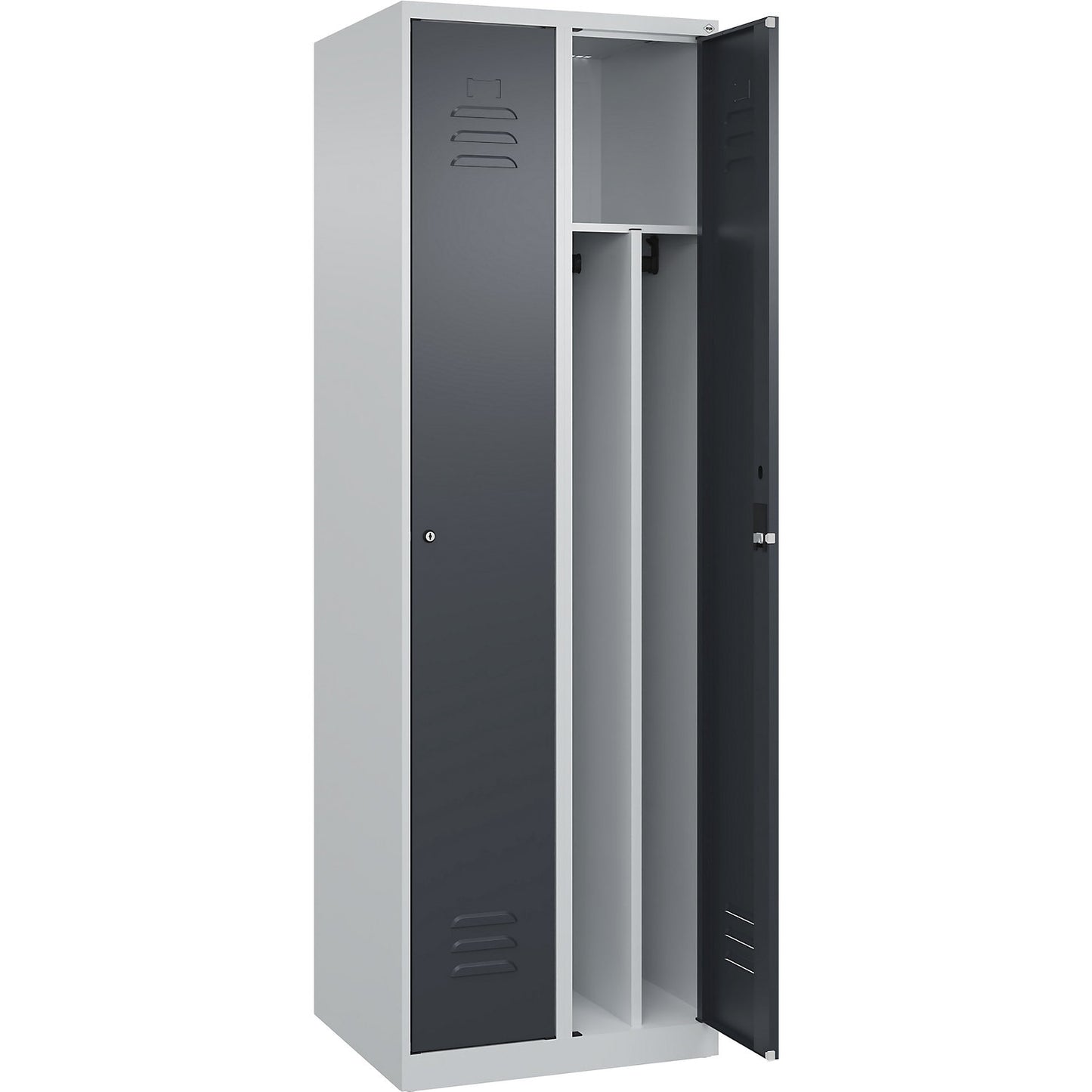 Classic PLUS clean and dirty clothes locker, narrow, 2 compartments, shortened centre divider, light grey/grey, W 600 mm, with floor glides, cylinder lock, centre partition.