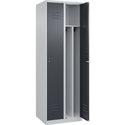 Classic PLUS clean and dirty clothes locker, narrow, 2 compartments, shortened centre divider, light grey/grey, W 600 mm, with floor glides, cylinder lock, centre partition.