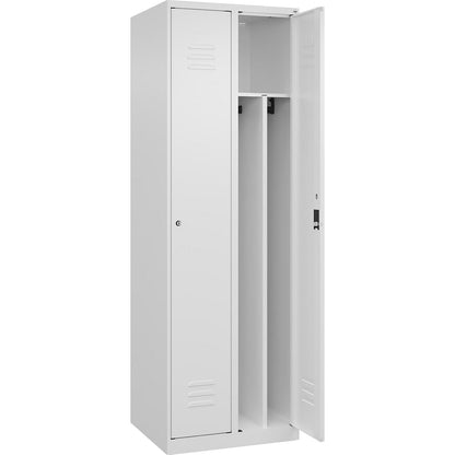 Classic PLUS clean and dirty clothes locker, narrow, 2 compartments, shortened centre divider, traffic white, W 600 mm, with floor glides, cylinder lock, centre partition.