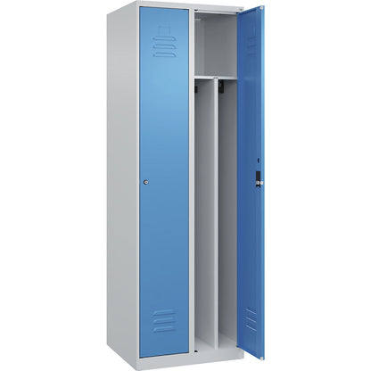 Classic PLUS clean and dirty clothes locker, narrow, 2 compartments, shortened centre divider, light grey/light blue, W 600 mm, with floor glides, cylinder lock, centre partition.