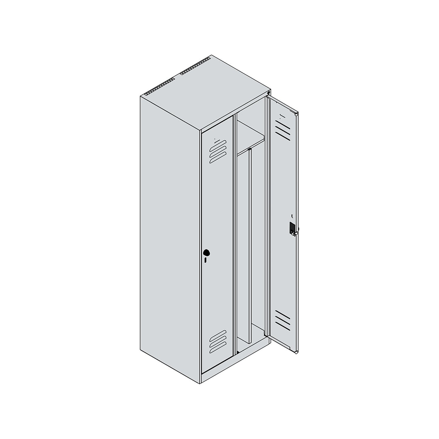 Classic PLUS clean and dirty clothes locker, narrow, 2 compartments, shortened centre divider, grey, W 600 mm, with floor glides, rotary bolt, centre partition.