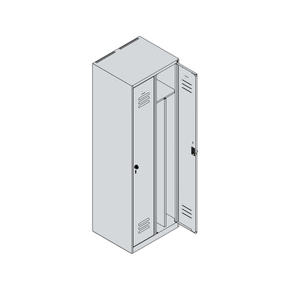 Classic PLUS clean and dirty clothes locker, narrow, 2 compartments, shortened centre divider, grey, W 600 mm, with floor glides, rotary bolt, centre partition.