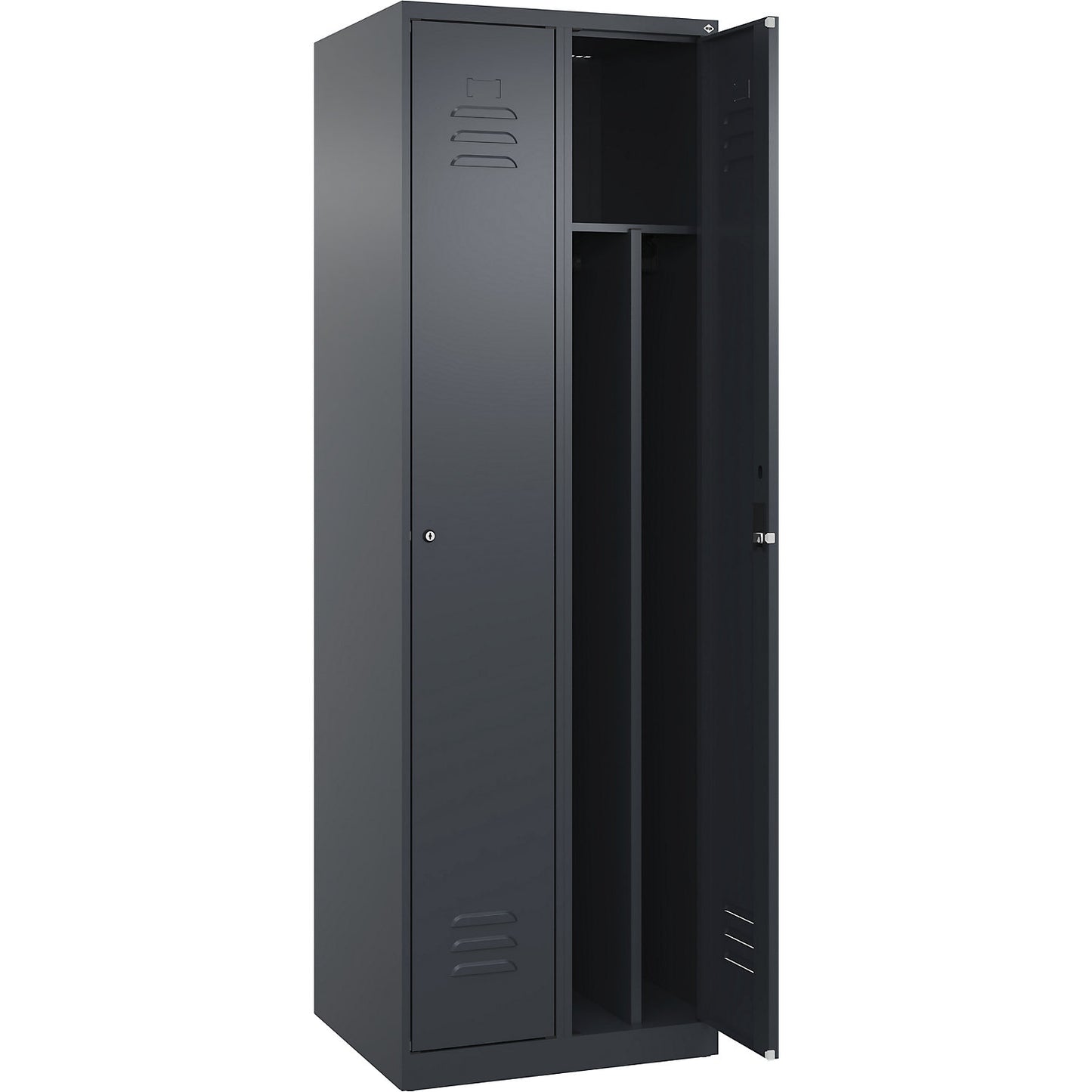 Classic PLUS clean and dirty clothes locker, narrow, 2 compartments, shortened centre divider, grey, W 600 mm, with floor glides, cylinder lock, centre partition.
