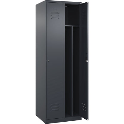 Classic PLUS clean and dirty clothes locker, narrow, 2 compartments, shortened centre divider, grey, W 600 mm, with floor glides, cylinder lock, centre partition.