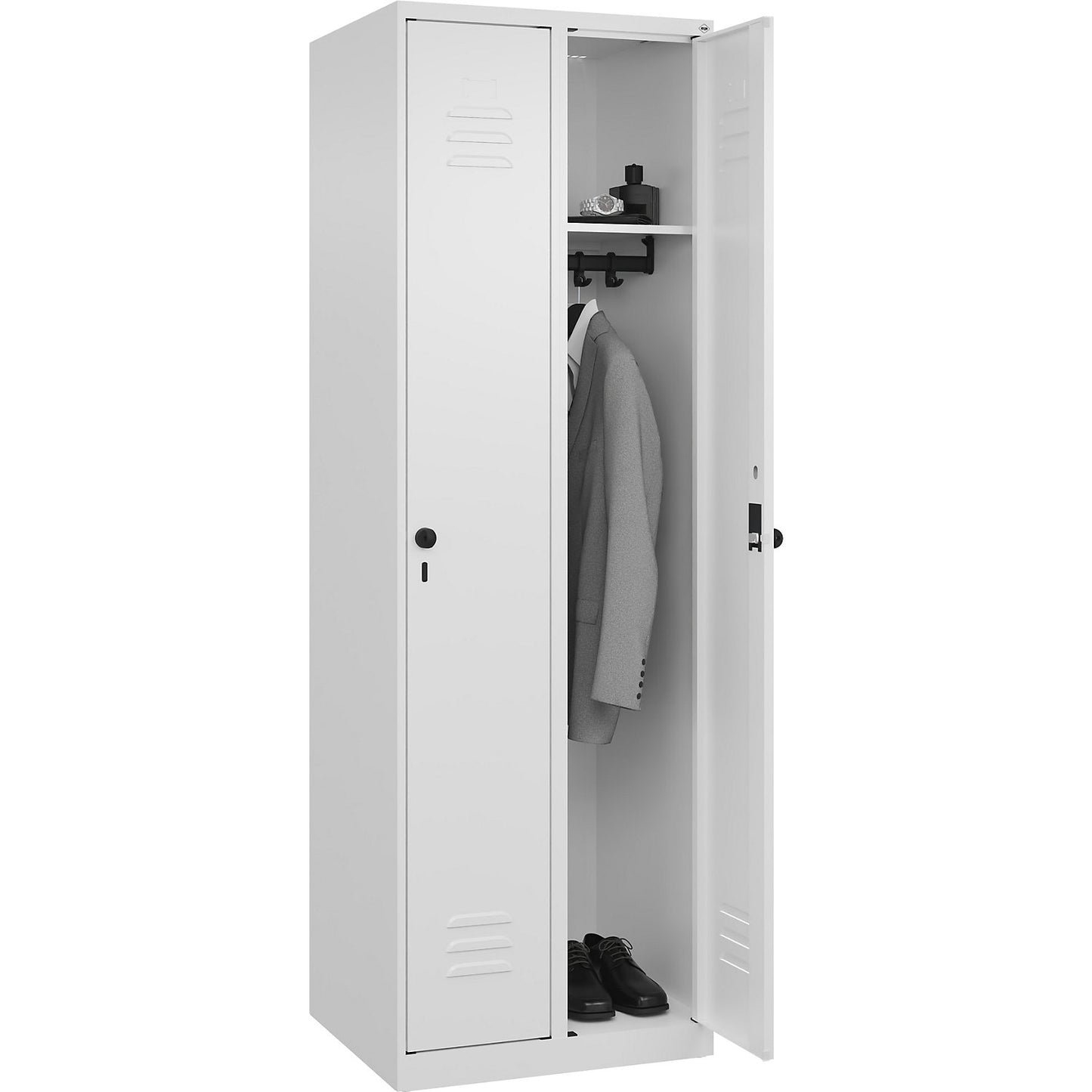 Classic PLUS clothes locker, 2 compartments, traffic white, W 600 mm, with floor glides, rotary bolt.