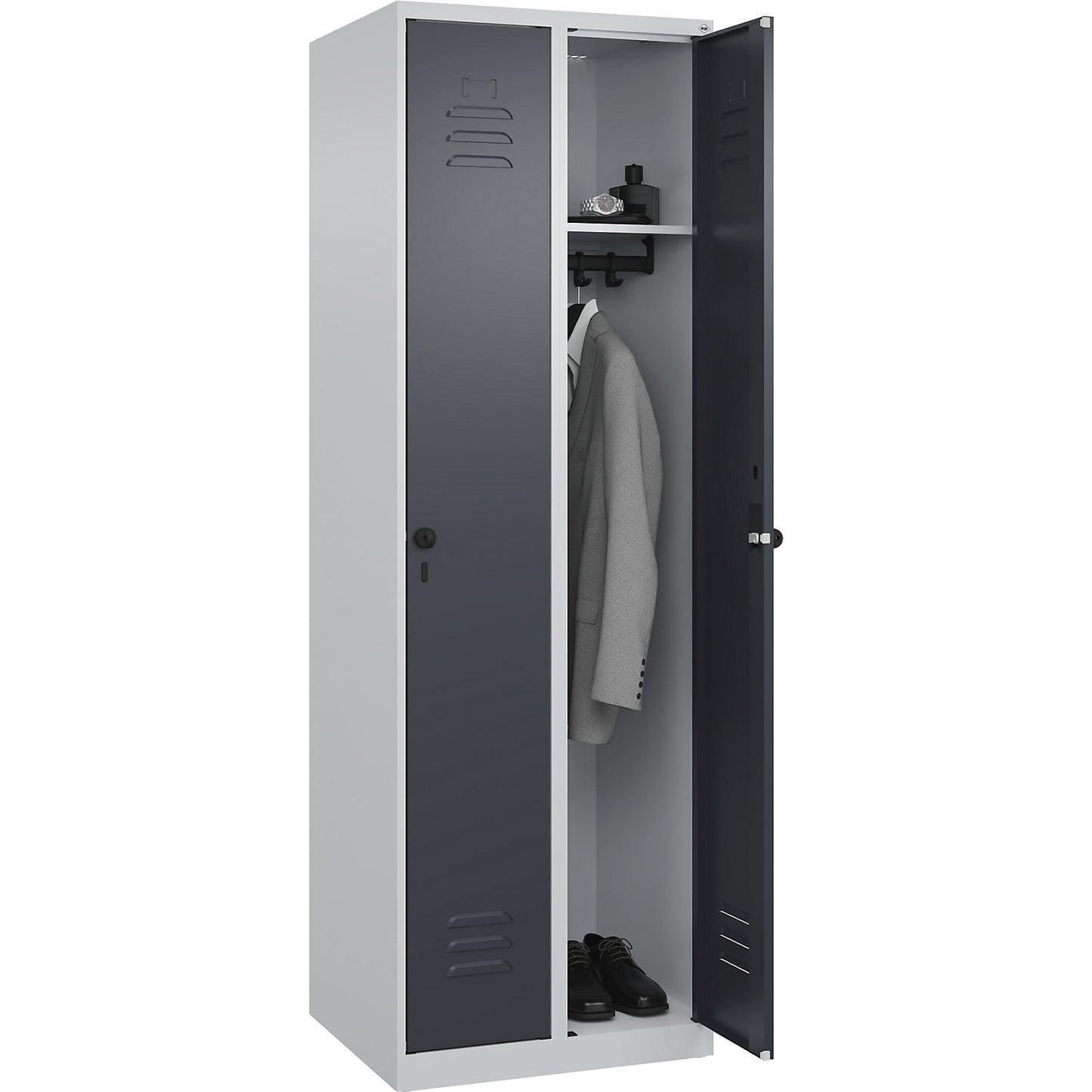 Classic PLUS clothes locker, 2 compartments, light grey/grey, W 600 mm, with floor glides, rotary bolt.