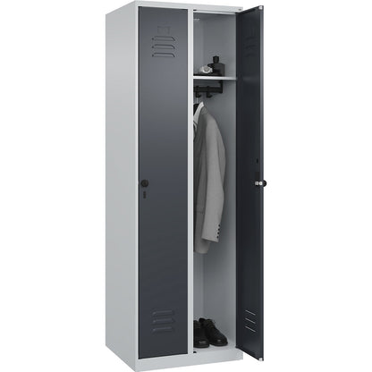 Classic PLUS clothes locker, 2 compartments, light grey/grey, W 600 mm, with floor glides, rotary bolt.