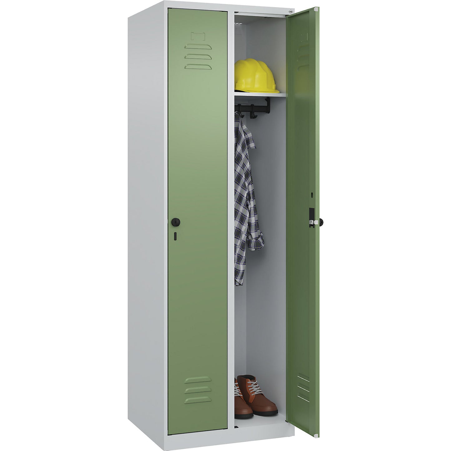 Classic PLUS clothes locker, 2 compartments, light grey/reseda green, W 600 mm, with floor glides, rotary bolt.