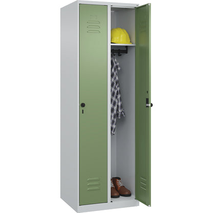 Classic PLUS clothes locker, 2 compartments, light grey/reseda green, W 600 mm, with floor glides, rotary bolt.