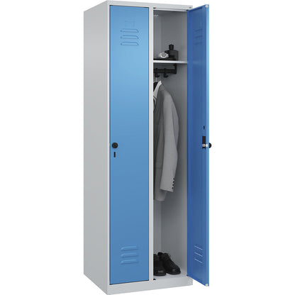 Classic PLUS clothes locker, 2 compartments, light grey/light blue, W 600 mm, with floor glides, rotary bolt.
