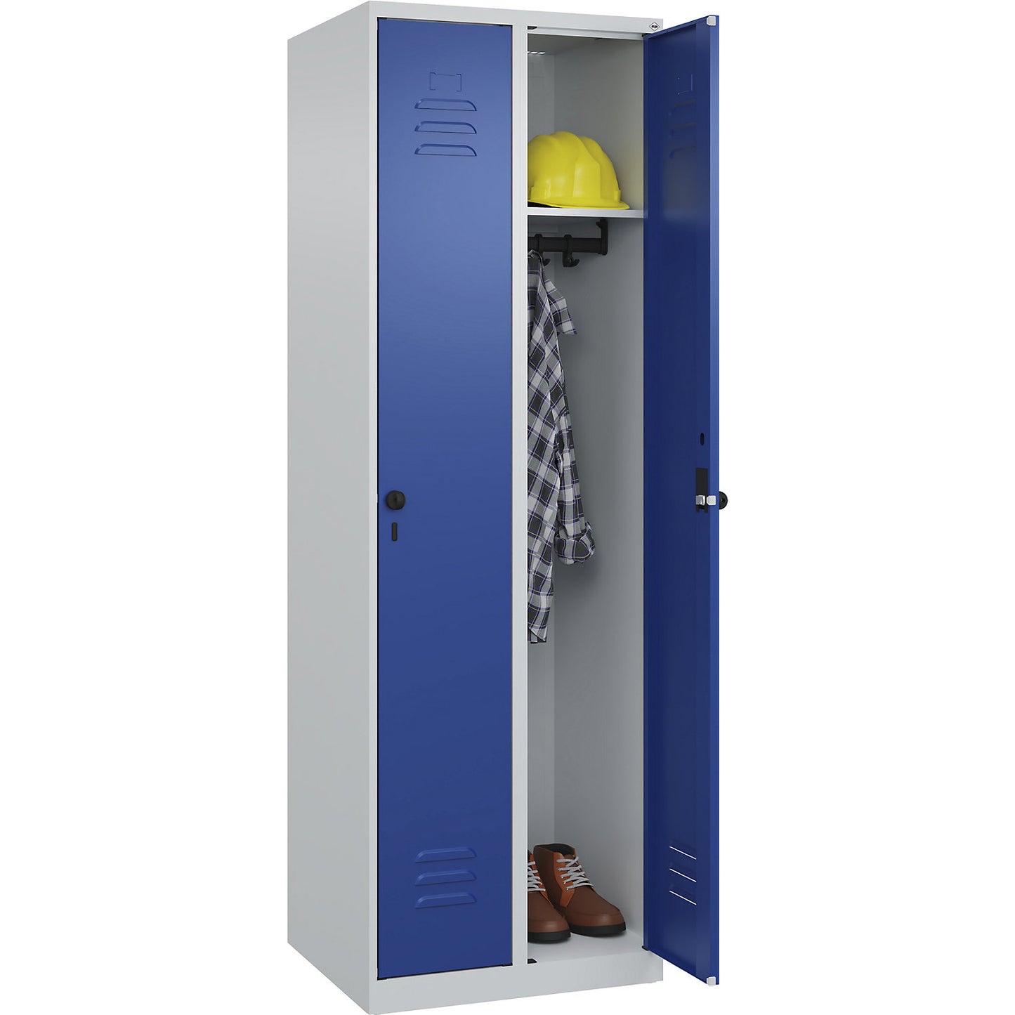Classic PLUS clothes locker, 2 compartments, light grey/gentian blue, W 600 mm, with floor glides, rotary bolt.