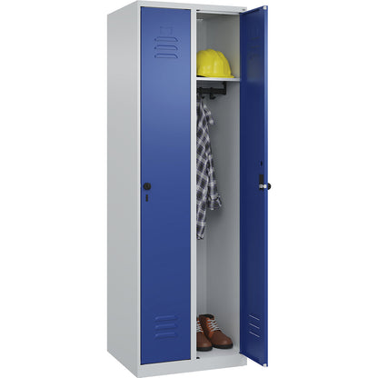 Classic PLUS clothes locker, 2 compartments, light grey/gentian blue, W 600 mm, with floor glides, rotary bolt.