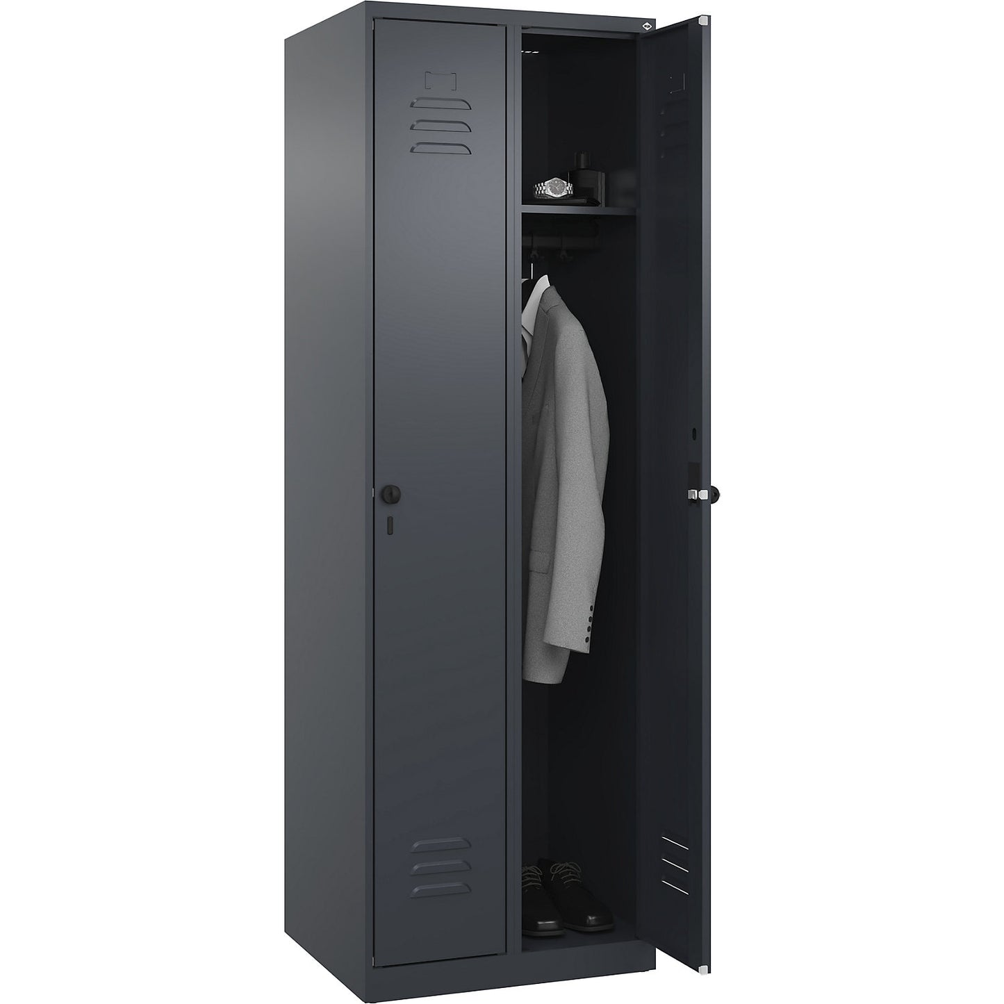 Classic PLUS clothes locker, 2 compartments, grey, W 600 mm, with floor glides, rotary bolt.