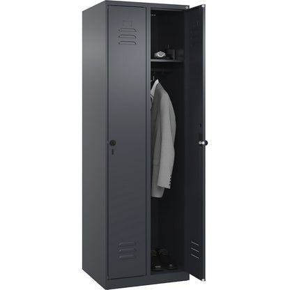 Classic PLUS clothes locker, 2 compartments, grey, W 600 mm, with floor glides, rotary bolt.