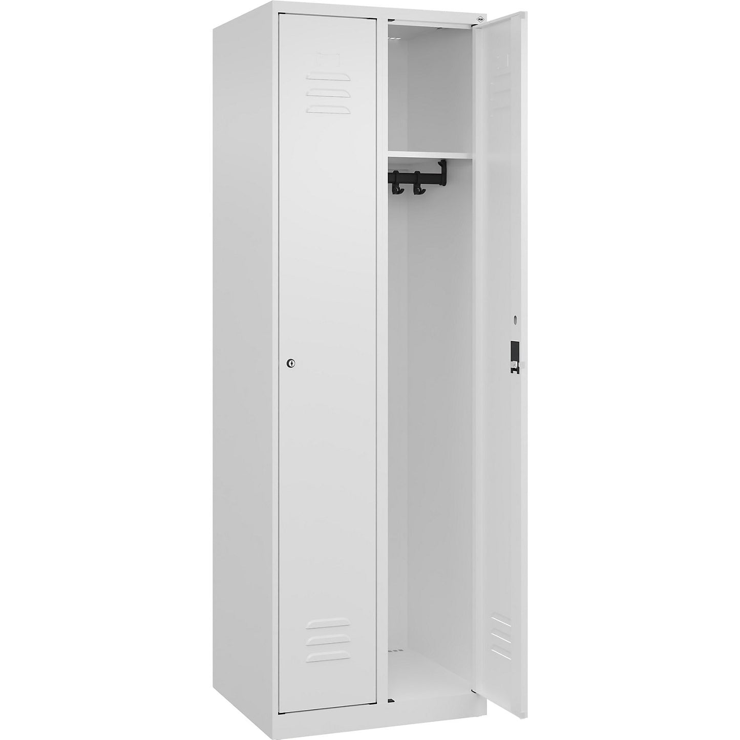 Classic PLUS clothes locker, 2 compartments, traffic white, W 600 mm, with floor glides, cylinder lock.