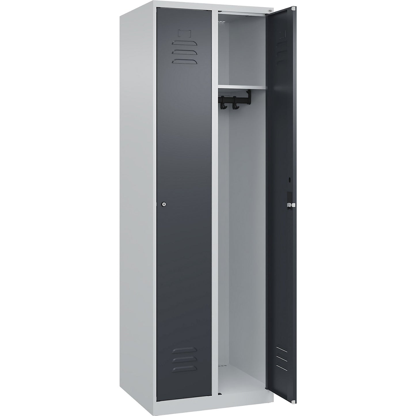 Classic PLUS clothes locker, 2 compartments, light grey/grey, W 600 mm, with floor glides, cylinder lock.