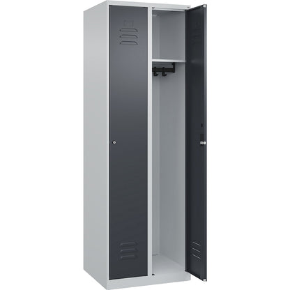 Classic PLUS clothes locker, 2 compartments, light grey/grey, W 600 mm, with floor glides, cylinder lock.