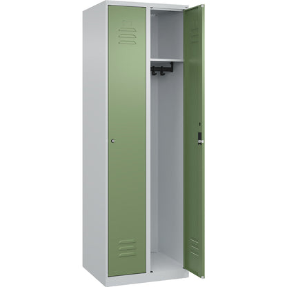 Classic PLUS clothes locker, 2 compartments, light grey/reseda green, W 600 mm, with floor glides, cylinder lock.