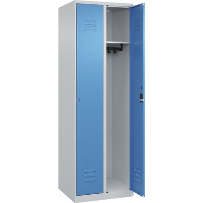 Classic PLUS clothes locker, 2 compartments, light grey/light blue, W 600 mm, with floor glides, cylinder lock.