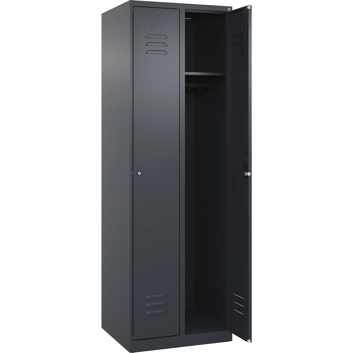 Classic PLUS clothes locker, 2 compartments, grey, W 600 mm, with floor glides, cylinder lock.