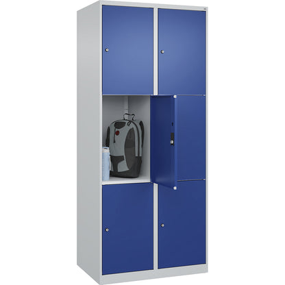 Classic PLUS 3-fold compartment locker, 2 compartments, light grey/gentian blue, W 800 mm, 6 compartments, with floor glides.