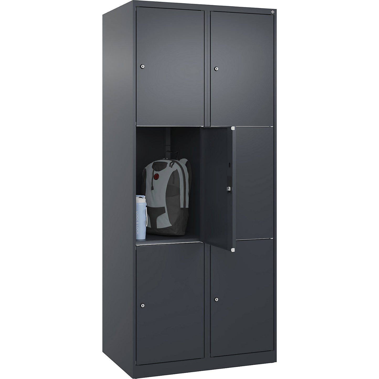 Classic PLUS 3-fold compartment locker, 2 compartments, grey, W 800 mm, 6 compartments, with floor glides.