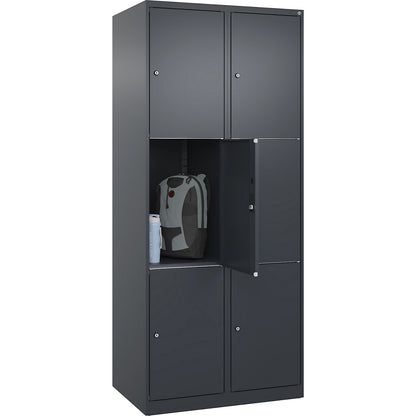 Classic PLUS 3-fold compartment locker, 2 compartments, grey, W 800 mm, 6 compartments, with floor glides.