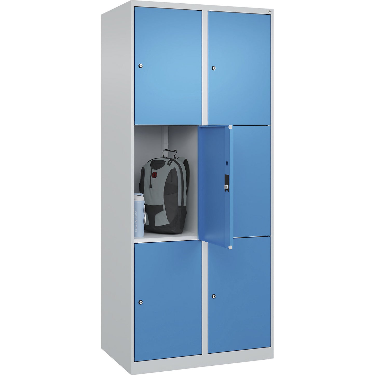 Classic PLUS 3-fold compartment locker, 2 compartments, light grey/light blue, W 800 mm, 6 compartments, with floor glides.