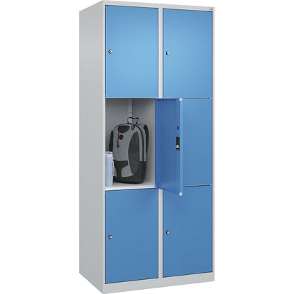 Classic PLUS 3-fold compartment locker, 2 compartments, light grey/light blue, W 800 mm, 6 compartments, with floor glides.