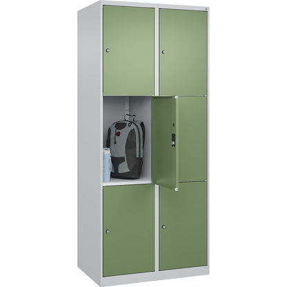 Classic PLUS 3-fold compartment locker, 2 compartments, light grey/reseda green, W 800 mm, 6 compartments, with floor glides.