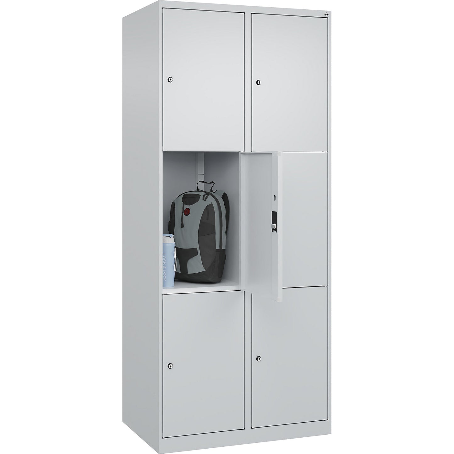 Classic PLUS 3-fold compartment locker, 2 compartments, light grey, W 800 mm, 6 compartments, with floor glides.