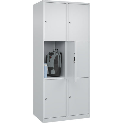 Classic PLUS 3-fold compartment locker, 2 compartments, light grey, W 800 mm, 6 compartments, with floor glides.
