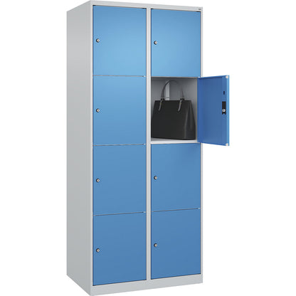 Classic PLUS 4-fold compartment locker, 2 compartments, light grey/light blue, W 800 mm, 8 compartments, with floor glides.