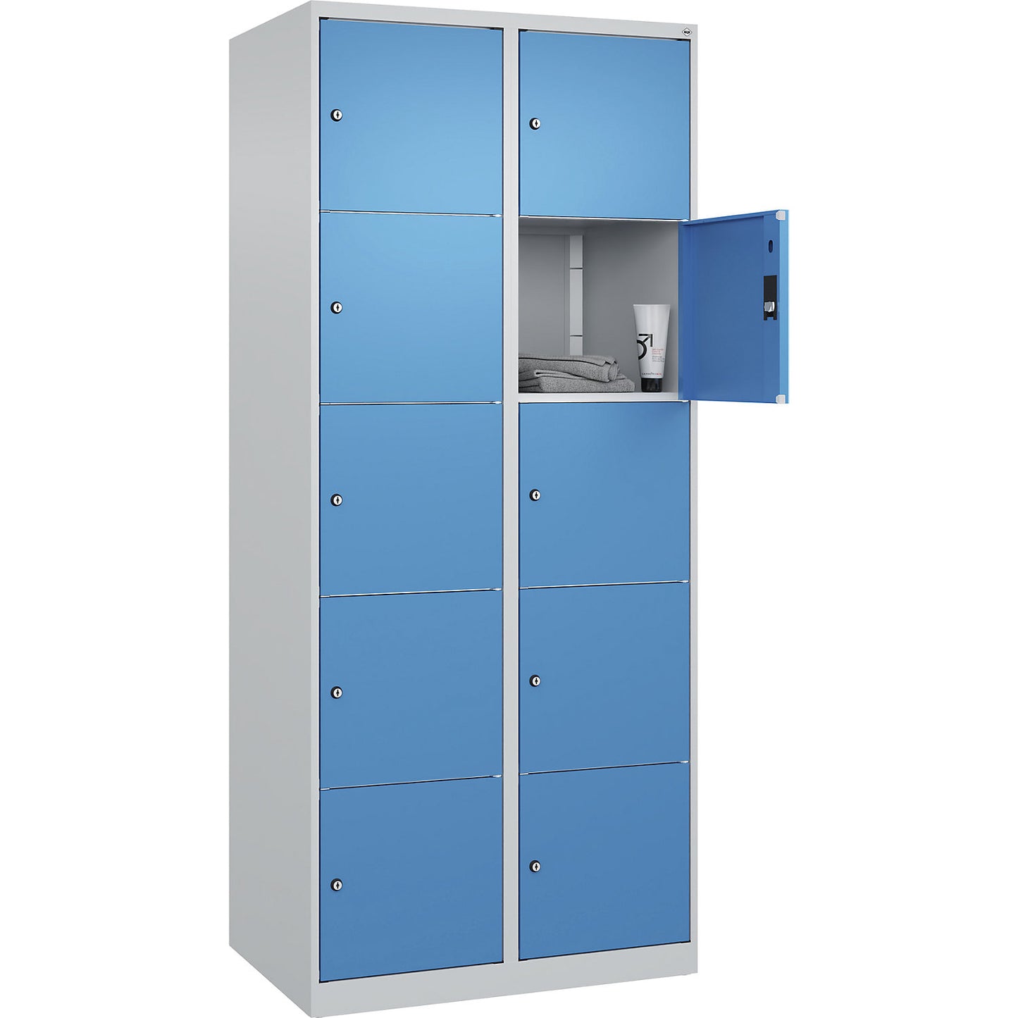 Classic PLUS 5-fold compartment locker, 2 compartments, light grey/light blue, W 800 mm, 10 compartments, with floor glides.