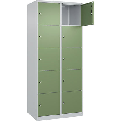 Classic PLUS 5-fold compartment locker, 2 compartments, light grey/reseda green, W 800 mm, 10 compartments, with floor glides.