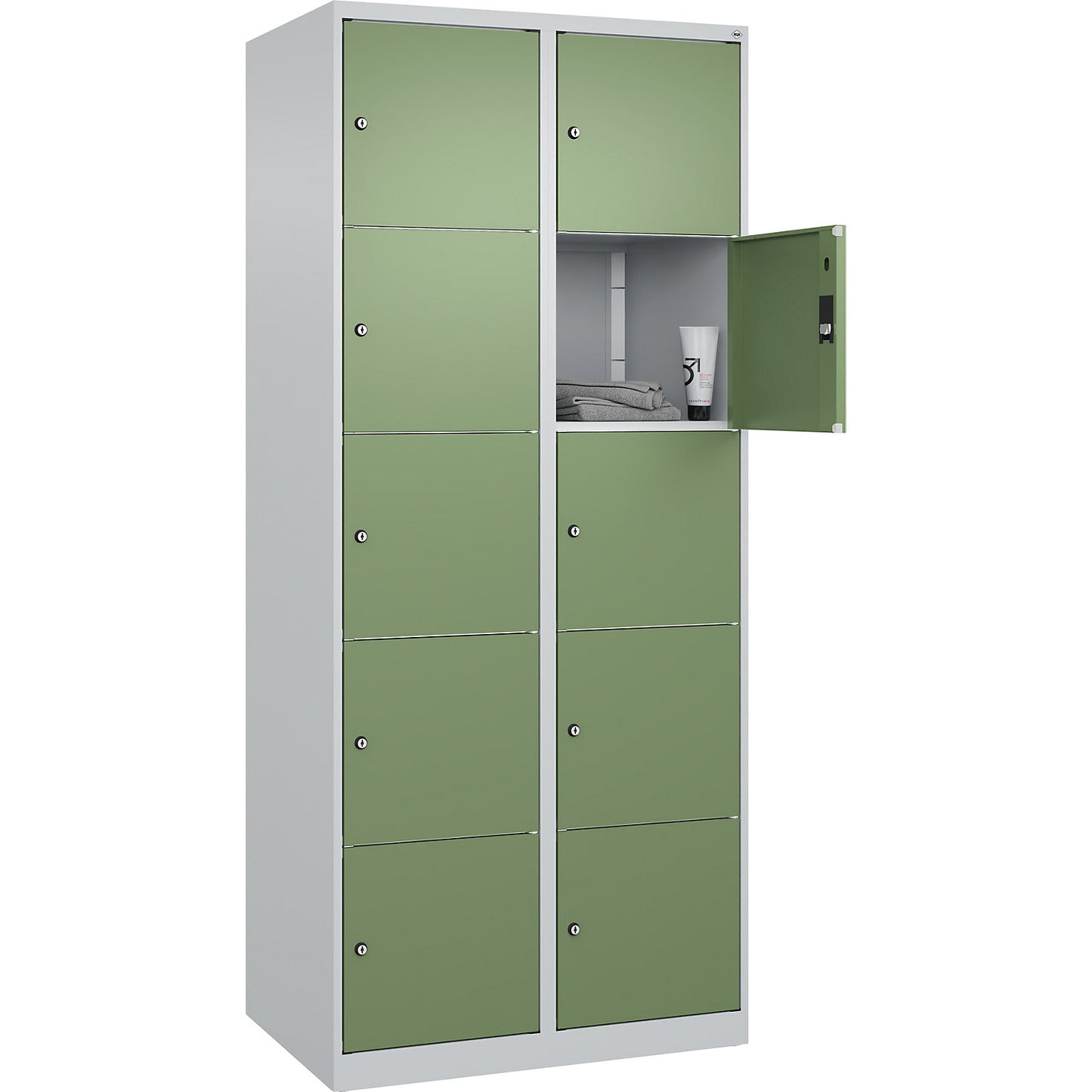 Classic PLUS 5-fold compartment locker, 2 compartments, light grey/reseda green, W 800 mm, 10 compartments, with floor glides.