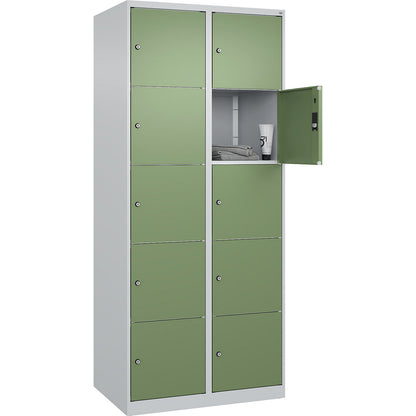 Classic PLUS 5-fold compartment locker, 2 compartments, light grey/reseda green, W 800 mm, 10 compartments, with floor glides.