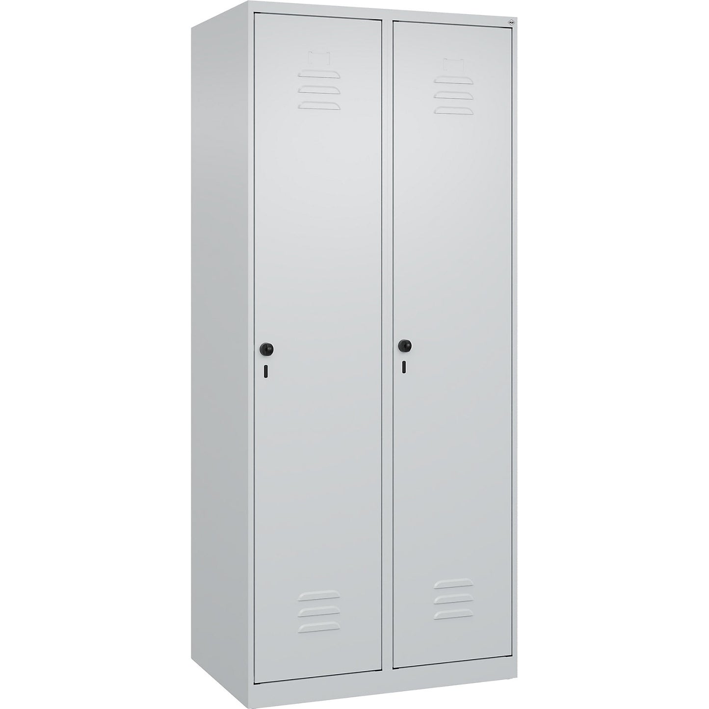 Classic PLUS clean and dirty clothes locker, narrow, 2 compartments, shortened centre divider, light grey, W 800 mm, with floor glides, rotary bolt, centre partition.