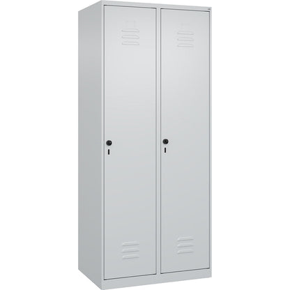 Classic PLUS clean and dirty clothes locker, narrow, 2 compartments, shortened centre divider, light grey, W 800 mm, with floor glides, rotary bolt, centre partition.