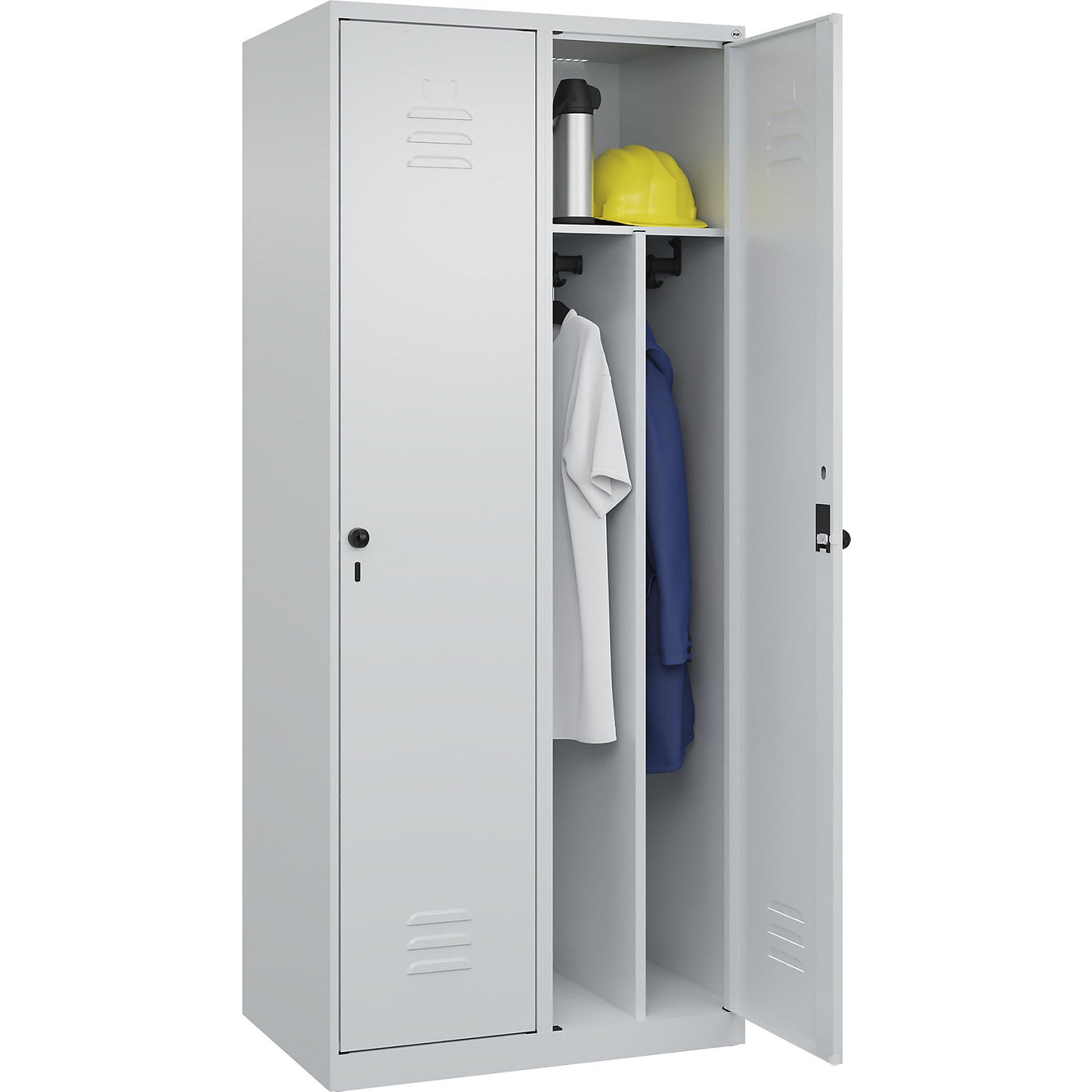 Classic PLUS clean and dirty clothes locker, narrow, 2 compartments, shortened centre divider, light grey, W 800 mm, with floor glides, rotary bolt, centre partition.