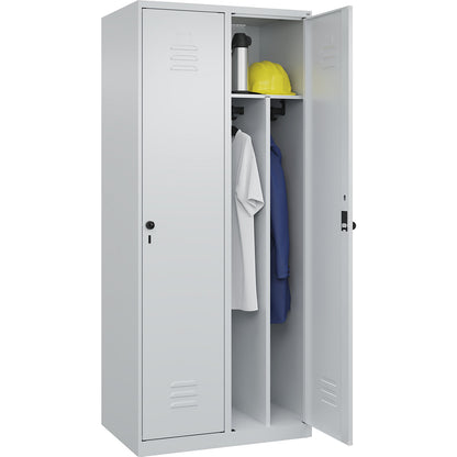 Classic PLUS clean and dirty clothes locker, narrow, 2 compartments, shortened centre divider, light grey, W 800 mm, with floor glides, rotary bolt, centre partition.