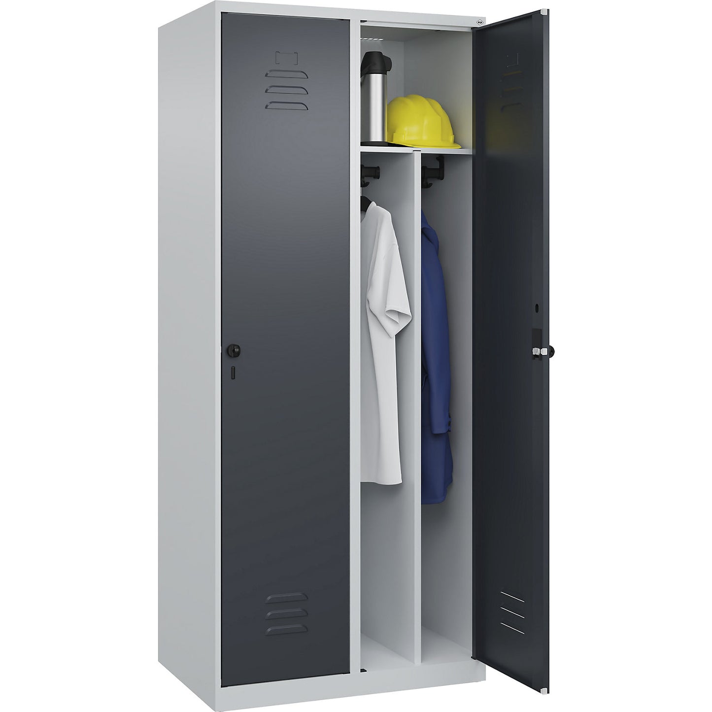 Classic PLUS clean and dirty clothes locker, narrow, 2 compartments, shortened centre divider, light grey/grey, W 800 mm, with floor glides, rotary bolt, centre partition.