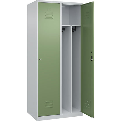 Classic PLUS clean and dirty clothes locker, narrow, 2 compartments, shortened centre divider, light grey/reseda green, W 800 mm, with floor glides, cylinder lock, centre partition.