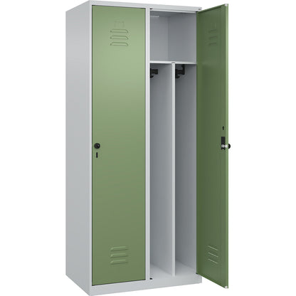 Classic PLUS clean and dirty clothes locker, narrow, 2 compartments, shortened centre divider, light grey/reseda green, W 800 mm, with floor glides, rotary bolt, centre partition.